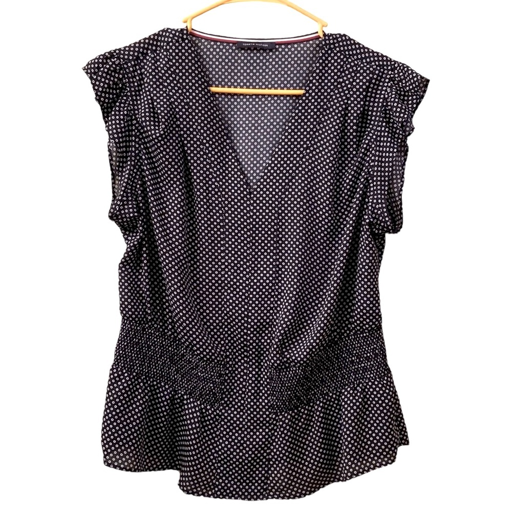 Tommy Hilfiger Blouse Short Sleeve Peplum Black White polka dots Elastic WM SZ M